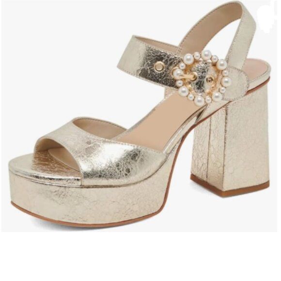 XYD Light Gold Open Toe Chunky Heel Platform Pearl Buckle Ankle Strap Sandals - Picture 1 of 8
